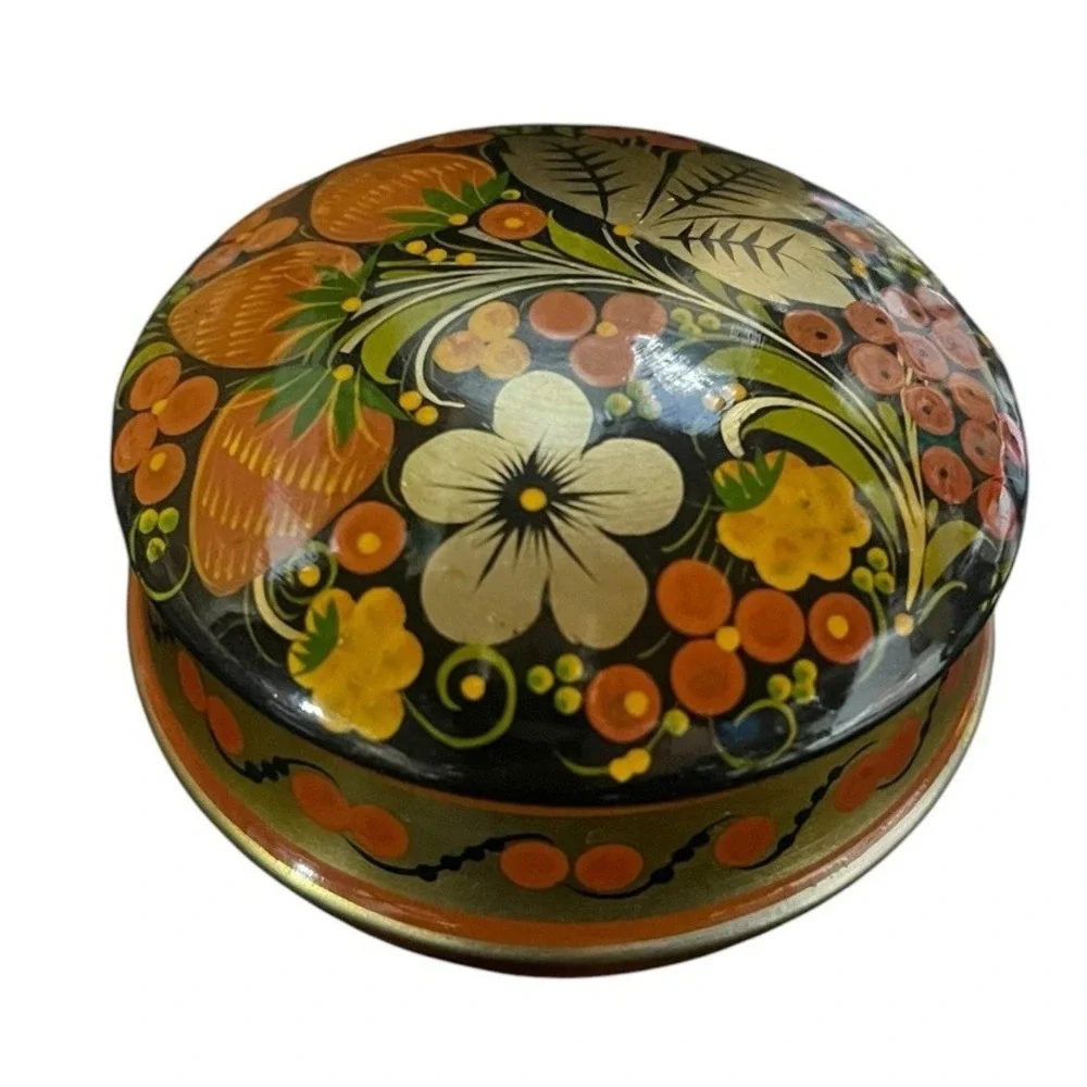 Hand Painted Ukrainian Petrykivka Lacquer Wood Trinket Jewelry Box Floral Folk